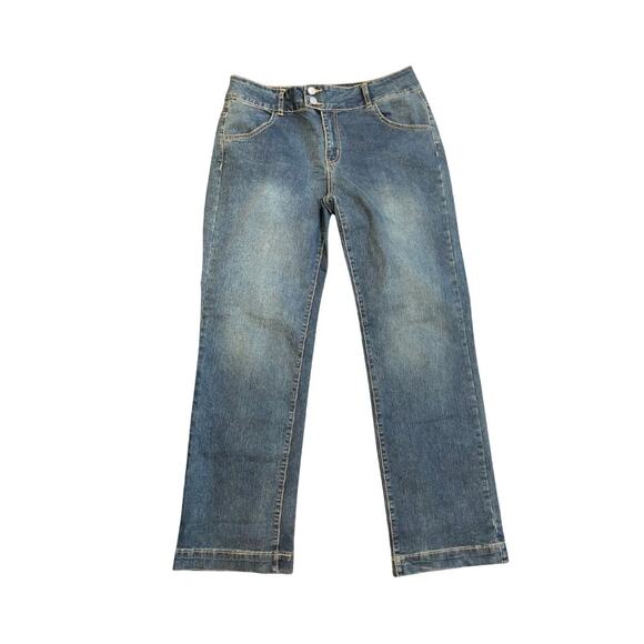 Flamingals straight leg boyfriend jeans mid waisted bootcut size large dark blue - Picture 1 of 4